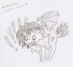 Size: 694x635 | Tagged: safe, artist:ravenpuff, deleted from derpibooru, derpibooru import, oc, oc:puffy, bat pony, pony, chibi, female, fluffy, mare, monochrome, solo, traditional art