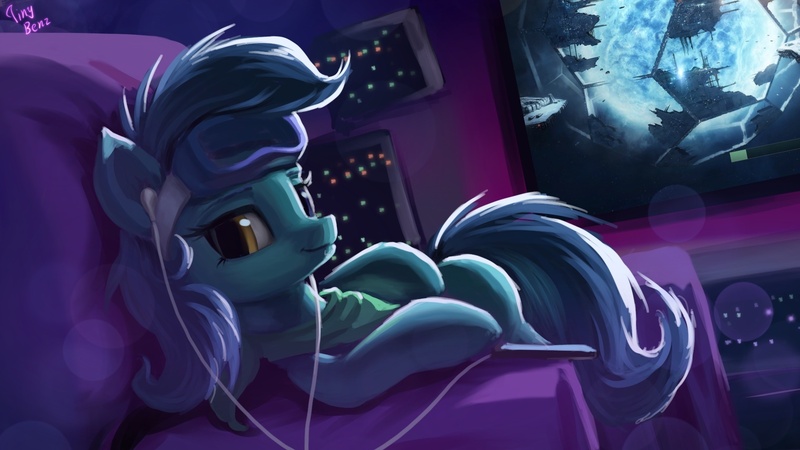 Size: 1920x1080 | Tagged: safe, artist:tinybenz, derpibooru import, oc, unofficial characters only, earth pony, pony, commission, couch, earbuds, female, goggles, loading screen, mare, not lyra, solo, stellaris