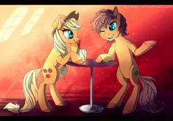 Size: 1500x1050 | Tagged: safe, artist:ka-samy, derpibooru import, applejack, oc, oc:charmed clover, earth pony, pony, bendy straw, bipedal, colored hooves, drink, drinking straw, duo, female, hat, male, mare, one eye closed, stallion, table, wink