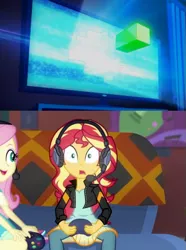 Size: 405x544 | Tagged: safe, derpibooru import, edit, edited screencap, screencap, fluttershy, sunset shimmer, equestria girls, equestria girls series, game stream, spoiler:eqg series (season 2), clothes, controller, couch, cropped, gamershy, glitch techs, headphones, looking at you, netflix, nickelodeon, poster, sunset gamer, video game