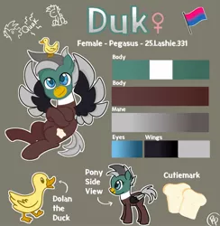 Size: 1995x2048 | Tagged: safe, artist:redpalette, derpibooru import, oc, oc:duk, unofficial characters only, bird, duck, pegasus, pony, bill, bisexual pride flag, blue eyes, brown body, cute, female, pride, pride flag, reference sheet