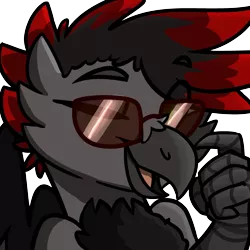 Size: 3200x3200 | Tagged: safe, artist:modularpon, deleted from derpibooru, derpibooru import, oc, oc:scorp1.0, oc:scorpio, unofficial characters only, gryphon, eyebrows visible through hair, glasses, icon, male, one eye closed, open mouth, red and black oc, simple background, solo, sunglasses, talons, transparent background, wink, winking at you