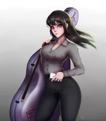 Size: 875x1000 | Tagged: artist:the-park, black hair, cello, cello case, clothes, derpibooru import, female, gray background, human, humanized, long hair, looking at you, mobile phone, musical instrument, octavia melody, pants, phone, purple eyes, safe, simple background, solo, standing