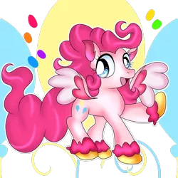 Size: 1024x1024 | Tagged: safe, artist:doraeartdreams-aspy, derpibooru import, pinkie pie, pegasus, pony, leak, spoiler:g5, female, g5, happy, hooves, mare, pegasus pinkie pie, pinkie pie (g5), race swap, raised hoof, redesign, simple background, smiling, solo, spread wings, transparent background, wings