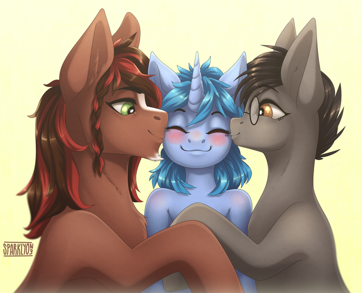 Size: 4200x3400 | Tagged: safe, artist:sparklyon3, derpibooru import, oc, oc:aubade, oc:liath mac medb, oc:tera byte, unofficial characters only, earth pony, unicorn, blushing, bust, commission, cute, family, hug, kiss on the cheek, kiss sandwich, kissing, portrait, smooch, trio