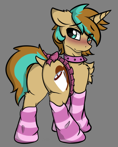 Size: 2352x2928 | Tagged: safe, artist:arjinmoon, derpibooru import, edit, oc, oc:demi, oc:demiurgic theory, unofficial characters only, pony, unicorn, aqua eyes, blushing, bow, butt, chest fluff, clothes, collar, crossdressing, cute, cutie mark, dock, embarrassed, femboy, fluffy, girly, looking at you, looking back, looking back at you, loose socks, male, micro skirt, miniskirt, pink socks, pleated skirt, plot, rear view, simple background, skirt, smiling, socks, solo, stallion, standing, striped socks, tail bow