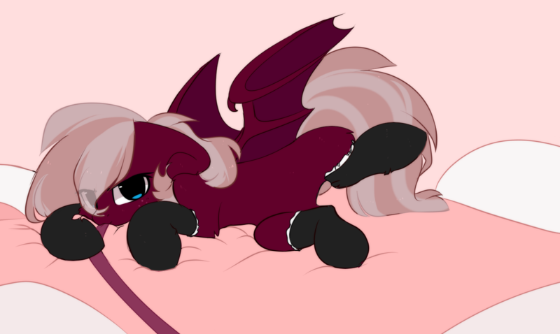 Size: 1332x796 | Tagged: safe, artist:little-sketches, derpibooru import, edit, oc, oc:burgundy fang, unofficial characters only, bat pony, bat pony oc, bat wings, bed, bedroom eyes, clothes, cute, female, fluffy, frilly socks, leash, looking at you, mare, on bed, socks, solo, wings