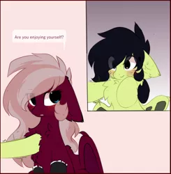 Size: 984x1005 | Tagged: safe, artist:little-sketches, derpibooru import, oc, oc:burgundy fang, oc:maple, unofficial characters only, bat pony, annoyed, bat pony oc, bat wings, blushing, chest fluff, clothes, cute, fluffy, frilly socks, nervous, panel, rubbing, socks, sweat, sweating bullets, sweating profusely, text, text bubbles, wings
