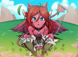 Size: 2000x1483 | Tagged: safe, artist:mfus, derpibooru import, oc, oc:seraphic crimson, equestria girls, blue eyes, femboy, field, image, jpeg, looking at you, male, outdoors, red hair, sitting, solo, wakfu, wings