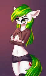 Size: 1436x2366 | Tagged: suggestive, artist:vincher, derpibooru import, oc, oc:white night, unofficial characters only, anthro, earth pony, absolute cleavage, anthro oc, belly button, blushing, breasts, cleavage, clothes, cutie mark, female, glasses, green eyes, mare, midriff, rule 63, shorts, simple background, solo, solo female, underboob