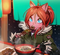 Size: 2000x1845 | Tagged: anthro, artist:mfus, clothes, derpibooru import, eating, femboy, food, jacket, male, meat, noodles, oc, oc:seraphic crimson, outdoors, ponytail, ramen, red hair, safe, solo