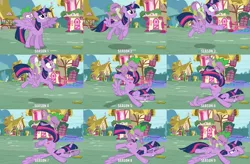 Size: 2067x1356 | Tagged: safe, derpibooru import, edit, edited screencap, screencap, spike, twilight sparkle, twilight sparkle (alicorn), alicorn, dragon, pony, castle sweet castle, crashlight, cropped, discovery family logo, dragons riding ponies, drama, duo, faceplant, female, flying fail, majestic as fuck, mare, metaphor, riding, wing pull