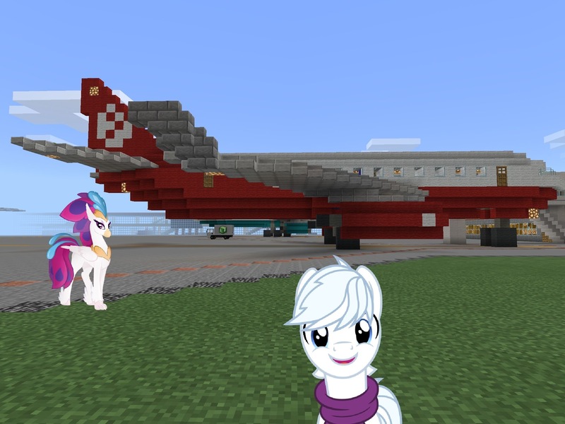 Size: 2048x1536 | Tagged: safe, artist:dashiesparkle edit, artist:topsangtheman, derpibooru import, double diamond, queen novo, earth pony, hippogriff, pony, my little pony: the movie, airbus a320, airport, looking at you, minecraft