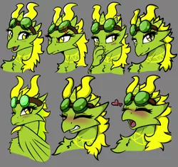 Size: 3300x3101 | Tagged: suggestive, artist:arjinmoon, derpibooru import, oc, oc:daravalia, unofficial characters only, dragon, ahegao, angry, bedroom eyes, blushing, body markings, bust, chest fluff, claws, cute, dragon oc, dragoness, embarrassed, emotes, expressions, facial expressions, female, fluffy, goggles, gray background, gritted teeth, happy, heart, horns, looking at you, looking pleasured, open mouth, paws, simple background, slitted eyes, solo, solo female, tongue out, wings