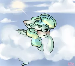 Size: 1350x1200 | Tagged: safe, artist:cottonsweets, derpibooru import, vapor trail, pegasus, pony, blushing, cheek fluff, cloud, cute, ear fluff, female, floppy ears, looking at you, mare, on a cloud, one eye closed, open mouth, prone, sky, solo, sun, vaporbetes