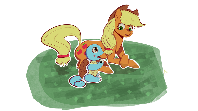 Size: 2848x1602 | Tagged: applejack, artist:kerpupu, derpibooru import, female, food, jelly doughnut, mare, onigiri, pokémon, safe, signature, simple background, squirtle