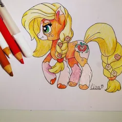 Size: 1080x1080 | Tagged: safe, artist:lizaartz9, derpibooru import, applejack, earth pony, pony, leak, spoiler:g5, applejack (g5), braid, braided tail, coat markings, female, g5, hooves, mare, redesign, solo, traditional art