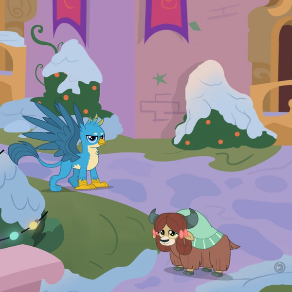 Size: 895x895 | Tagged: safe, derpibooru import, gallus, yona, gryphon, yak, christmas decoration, courtyard, female, gameloft, male, outdoors, school of friendship, snow, winter