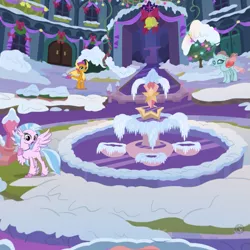 Size: 895x895 | Tagged: bell, changedling, changeling, christmas decoration, classical hippogriff, courtyard, derpibooru import, dragon, female, fountain, frozen, gameloft, hippogriff, ocellus, outdoors, safe, school of friendship, silverstream, smolder, snow, winter