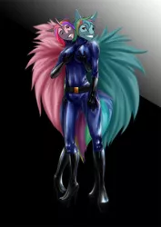 Size: 707x1000 | Tagged: alicorn, anthro, artist:latex, boots, breasts, clothes, crossover, derpibooru import, dinaranger, duo, female, grope, high heel boots, latex, latex boots, latex suit, lesbian, mind control, pegasus, plantigrade anthro, princess cadance, rainbow dash, shoes, suggestive, zofa
