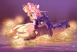 Size: 2100x1428 | Tagged: safe, artist:shore2020, derpibooru import, princess celestia, princess luna, alicorn, bird, duck, pony, alternate design, cute, cutelestia, duckling, duo, female, flower, lilypad, lunabetes, mare, pink-mane celestia, royal sisters, siblings, sisters, swanlestia, swanluna, water, wet, wet mane