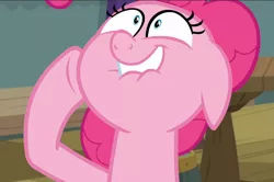 Size: 1416x938 | Tagged: safe, derpibooru import, screencap, pinkie pie, earth pony, pony, a trivial pursuit, cropped, excited, faic, female, floppy ears, hoof on cheek, lip bite, mare, pinkie being pinkie, shrunken pupils, solo, trivia trot