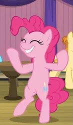 Size: 435x743 | Tagged: safe, derpibooru import, screencap, pinkie pie, earth pony, pony, a trivial pursuit, bipedal, cropped, cute, cutie mark, diapinkes, excited, eyes closed, faic, female, grin, happy go lucky, mare, pinkie being pinkie, smiling, solo focus