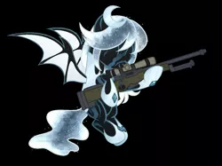 Size: 1292x964 | Tagged: safe, artist:kannakiller, derpibooru import, oc, oc:winter's night, unofficial characters only, bat pony, pony, armor, bat pony oc, bat wings, black background, commission, ethereal mane, eyes closed, female, flying, gun, hoof shoes, hug, mare, rifle, scar, simple background, sniper rifle, solo, starry mane, weapon, wings, ych result