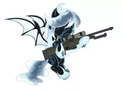 Size: 1292x964 | Tagged: safe, alternate version, artist:kannakiller, derpibooru import, oc, oc:winter's night, unofficial characters only, bat pony, pony, armor, bat pony oc, bat wings, commission, ethereal mane, eyes closed, female, flying, gun, hoof shoes, hug, mare, rifle, scar, simple background, sniper rifle, solo, starry mane, weapon, white background, wings, ych result