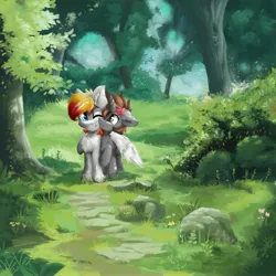 Size: 4096x4096 | Tagged: absurd resolution, artist:arjinmoon, derpibooru import, female, forest, hug, looking at each other, male, mare, oc, oc x oc, safe, scenery, shipping, smiling, stallion, straight, unofficial characters only, winghug