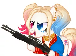 Size: 1039x768 | Tagged: safe, artist:kannakiller, derpibooru import, oc, oc:har-harley queen, unofficial characters only, earth pony, pony, choker, clothes, commission, ear piercing, earring, female, fishnets, gun, heterochromia, hoof hold, jacket, jewelry, makeup, mare, multicolored hair, open mouth, piercing, pigtails, running makeup, shotgun, simple background, solo, spas-12, tattoo, twintails, weapon, white background, ych result