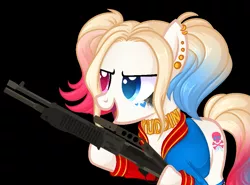 Size: 1039x768 | Tagged: safe, alternate version, artist:kannakiller, derpibooru import, oc, oc:har-harley queen, unofficial characters only, earth pony, pony, black background, choker, clothes, commission, ear piercing, earring, female, fishnets, gun, heterochromia, hoof hold, jacket, jewelry, makeup, mare, multicolored hair, open mouth, piercing, pigtails, running makeup, shotgun, simple background, solo, spas-12, tattoo, twintails, weapon, ych result