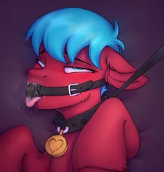 Size: 1600x1680 | Tagged: suggestive, artist:argigen, derpibooru import, oc, oc:windsweeper, unofficial characters only, pony, ballgag, breath, collar, drool, female, females only, gag, leash, mare, mare only, pet play, pet tag, raised tail, rcf community, short mane, solo, tail, wet