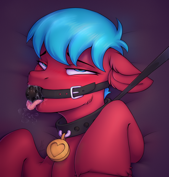 Size: 1600x1680 | Tagged: suggestive, alternate version, artist:argigen, derpibooru import, oc, oc:windsweeper, unofficial characters only, pony, ballgag, collar, drool, female, females only, gag, leash, mare, mare only, pet play, pet tag, raised tail, rcf community, short mane, solo, tail, tongue out, wet