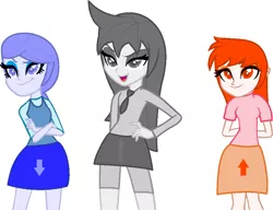 Size: 885x678 | Tagged: artist needed, safe, derpibooru import, oc, oc:apathia, oc:discentia, oc:karma, unofficial characters only, equestria girls, alternate hairstyle, clothes, compression shorts, cutie mark, cutie mark on clothes, downvote, equestria girls-ified, eyeshadow, hand on hip, makeup, miniskirt, ponytail, reddit, shorts, simple background, skirt, trio, upvote, white background