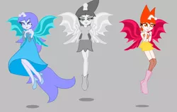 Size: 1734x1102 | Tagged: safe, artist:legacy-galaxy, derpibooru import, oc, oc:apathia, oc:discentia, oc:karma, unofficial characters only, demon, equestria girls, alternate hairstyle, boots, clothes, equestria girls-ified, eyeshadow, fangs, horn, makeup, miniskirt, reddit, shoes, simple background, skirt, socks, thigh highs, trio, wings