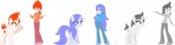 Size: 2103x545 | Tagged: safe, artist:legacy-galaxy, derpibooru import, oc, oc:apathia, oc:discentia, oc:karma, ponified, unofficial characters only, alien, pony, unicorn, equestria girls, alternate design, alternate hairstyle, base used, clothes, cutie mark, fangs, female, hoodie, mare, reddit, redesign
