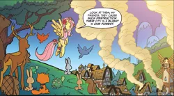 Size: 1041x575 | Tagged: safe, derpibooru import, idw, fluttershy, pegasus, pony, ponies of dark water, spoiler:comic, animal, butt, comic, cropped, female, flying, mare, plot, poison ivyshy, rear view, speech bubble, spread wings, wings