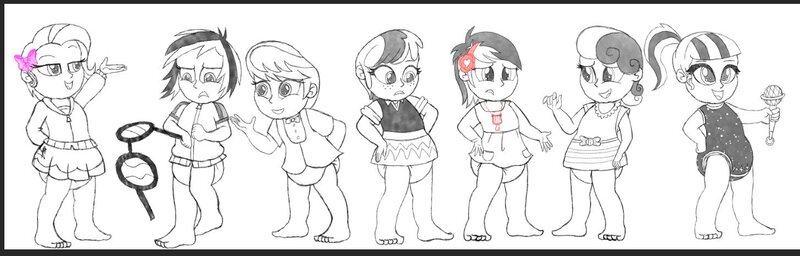 Size: 1454x465 | Tagged: safe, artist:gamerpen, derpibooru import, bon bon, cheerilee, lyra heartstrings, octavia melody, sonata dusk, sweetie drops, trixie, vinyl scratch, equestria girls, babies, baby, diaper, implied age regression, monochrome, onesie, rattle, sunglasses, toddler, traditional art, younger