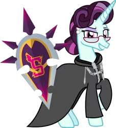 Size: 1641x1804 | Tagged: safe, artist:sketchmcreations, derpibooru import, principal abacus cinch, ponified, pony, unicorn, clothes, coat, equestria girls ponified, female, grin, kingdom hearts, looking at you, mare, nobody, organization xiii, raised hoof, shadowbolts, shield, simple background, smiling, transparent background, vector, vexen