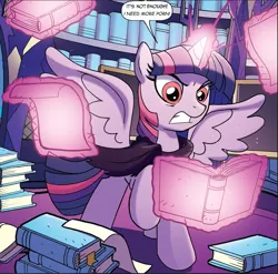 Size: 953x941 | Tagged: safe, derpibooru import, edit, idw, twilight sparkle, twilight sparkle (alicorn), alicorn, pony, ponies of dark water, spoiler:comic, spoiler:comic44, book, comic, cropped, glowing horn, horn, magic, speech bubble, tyrant sparkle