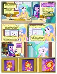 Size: 612x792 | Tagged: safe, artist:greatdinn, artist:newbiespud, derpibooru import, edit, edited screencap, screencap, princess celestia, sunset shimmer, twilight sparkle, comic:friendship is dragons, equestria girls, equestria girls (movie), bust, clothes, collaboration, comic, crown, cutie mark, cutie mark accessory, cutie mark on clothes, desk, dialogue, eyes closed, female, jewelry, microphone, portrait, principal celestia, regalia, screencap comic, sitting, writing