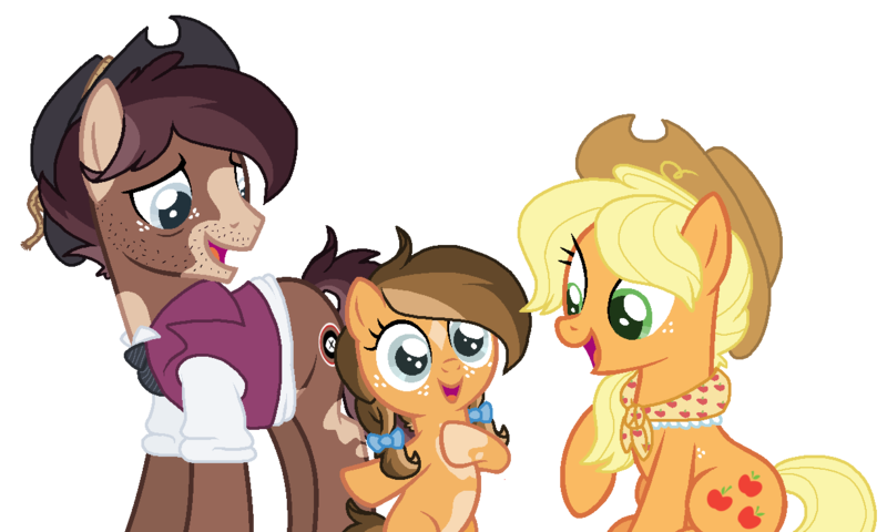 Size: 1224x734 | Tagged: safe, artist:zafara1222, derpibooru import, applejack, oc, oc:clementine, oc:deadeye, pony, alternate hairstyle, base used, bow, braid, canon x oc, clothes, coat markings, cowboy hat, female, filly, freckles, granny smith's shawl, hair bow, hat, offspring, parent:oc:deadeye, parents:canon x oc, pinto, scarf, shirt, simple background, stubble, transparent background, vest