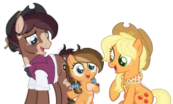 Size: 1224x734 | Tagged: safe, artist:zafara1222, derpibooru import, applejack, oc, oc:clementine, oc:deadeye, pony, alternate hairstyle, base used, bow, braid, canon x oc, clothes, coat markings, cowboy hat, female, filly, freckles, granny smith's shawl, hair bow, hat, offspring, parent:oc:deadeye, parents:canon x oc, pinto, scarf, shirt, simple background, stubble, transparent background, vest