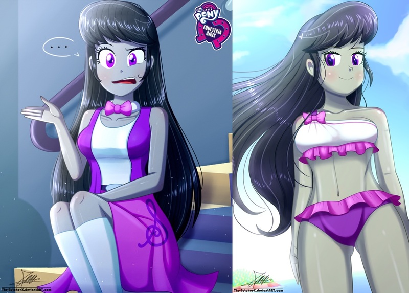 Size: 1429x1024 | Tagged: safe, artist:the-butch-x, derpibooru import, edit, editor:thomasfan45, octavia melody, human, equestria girls, equestria girls series, ..., adorasexy, attached skirt, bare shoulders, beach, beach babe, belt, bikini, bowtie, breasts, busty octavia, butch's hello, canterlot high, clothes, cloud, collarbone, confused, cute, cutie mark, cutie mark on clothes, disgruntled, equestria girls logo, female, frilled swimsuit, hello x, indoors, jacket, kneesocks, legs, lidded eyes, long hair, looking at you, midriff, open mouth, outdoors, raised eyebrow, sexy, signature, sitting, skirt, smiling, socks, solo, speech bubble, staircase, stupid sexy octavia, swimsuit, tavibetes, thighs, tricolor swimsuit, underass, vest
