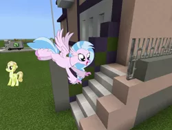 Size: 2048x1536 | Tagged: safe, artist:cheezedoodle96, artist:vector-brony, derpibooru import, edit, editor:topsangtheman, golden glitter, silverstream, crystal pony, hippogriff, pony, looking at you, mansion, minecraft, stairs, that hippogriff sure does love stairs, truck