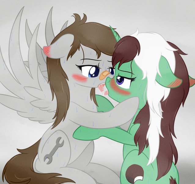 Size: 1280x1204 | Tagged: suggestive, artist:phoenixswift, derpibooru import, oc, oc:fuselight, oc:peppermint pattie (unicorn), unofficial characters only, pegasus, unicorn, ask peppermint pattie, blushing, female, floppy ears, kissing, lesbian, mare, sweat