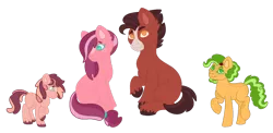 Size: 1600x781 | Tagged: safe, artist:handlz, derpibooru import, oc, oc:big redd, oc:cinnamon crumble, oc:cortland, oc:orchid, unofficial characters only, earth pony, pony, blank flank, body freckles, colt, cousins, female, filly, freckles, male, offspring, parent:applejack, parent:big macintosh, parent:cheerilee, parent:red gala, parent:troubleshoes clyde, parents:cheerimac, parents:troublejack, simple background, transparent background