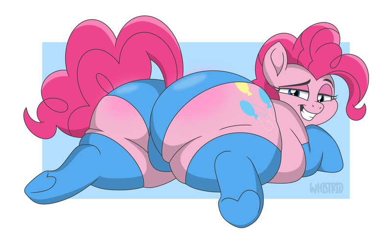 Size: 6500x4000 | Tagged: suggestive, artist:eqlearq, artist:whistrid, derpibooru import, pinkie pie, earth pony, pony, absurd resolution, balloonbutt, butt, clothes, dreamworks face, fat, female, heart, heart hoof, large butt, looking at you, looking back, looking back at you, obese, panties, plot, pudgy pie, rear view, smiling, smirk, socks, solo, solo female, stockings, the ass was fat, thigh highs, thighs, thunder thighs, tight clothing, underhoof, underwear, wide hips