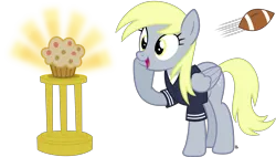 Size: 3581x2039 | Tagged: american football, artist:anime-equestria, clothes, cute, derpibooru import, derpy hooves, female, food, football, happy, mare, muffin, pegasus, safe, shiny, shirt, simple background, solo, sports, transparent background, trophy, vector, wings